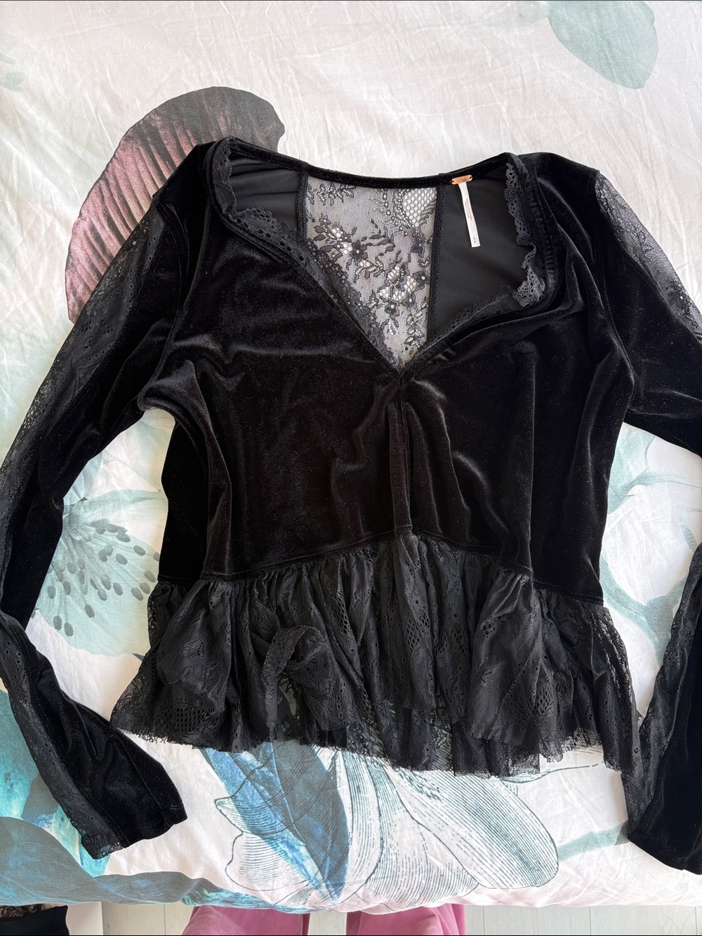 Free People Black Velvet Lace Oversized Babydoll Blouse